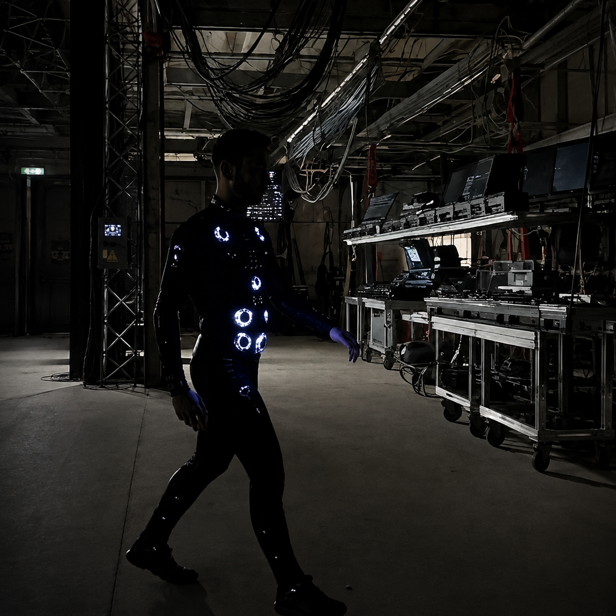 Mr. Movemixer in the glowing control suit walking through a dark server room