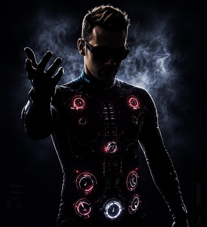 Mr. Movemixer in the glowing suit reaching toward the camera through smoke